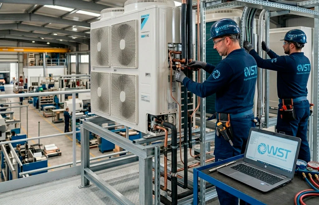 Equipe técnica da WST instalando ar condicionado em Curitiba